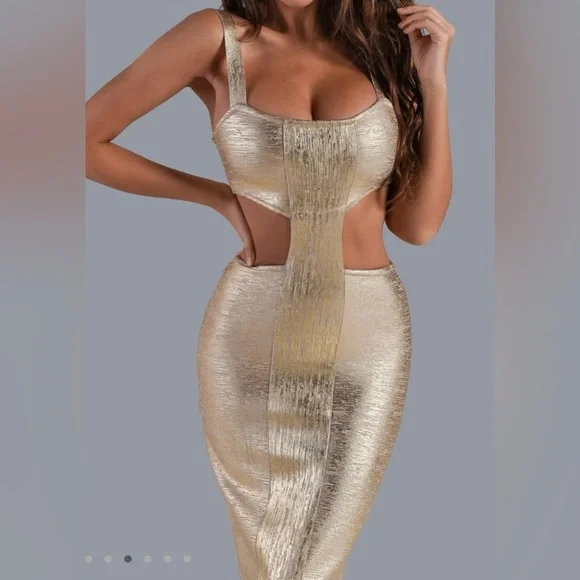 NWT Bella Barnett Kit Gold Metallic Cutout Dress - Picture 3 of 10